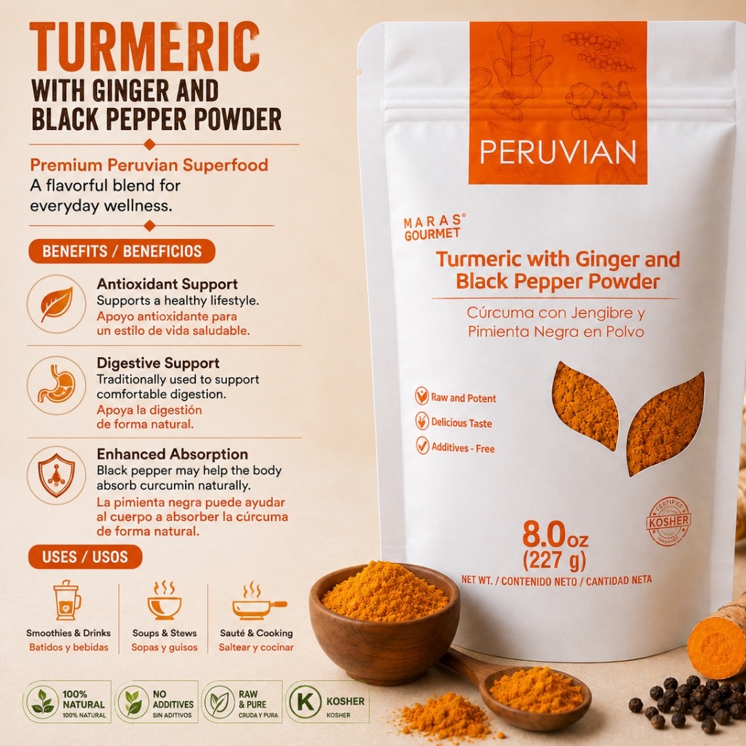 Turmeric with Ginger & Black Pepper powder, 8 oz (227 g) by Casa Morena